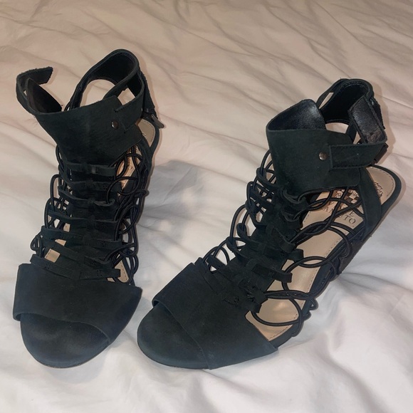 Vince Camuto Evel Caged Sandal Heel Black Suede 7.5 - Picture 9 of 10